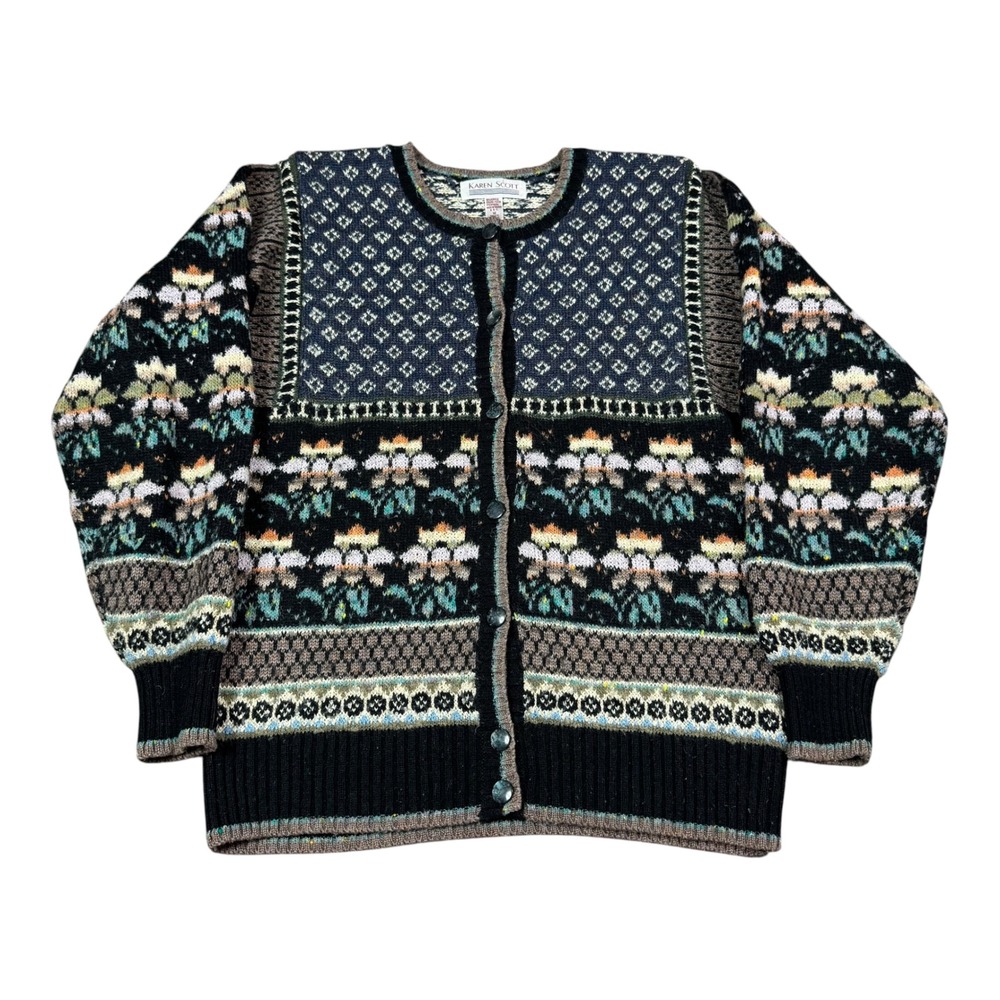 Vintage Karen Scott Floral Patterned Acrylic Blend Cardigan Sweater Women's M